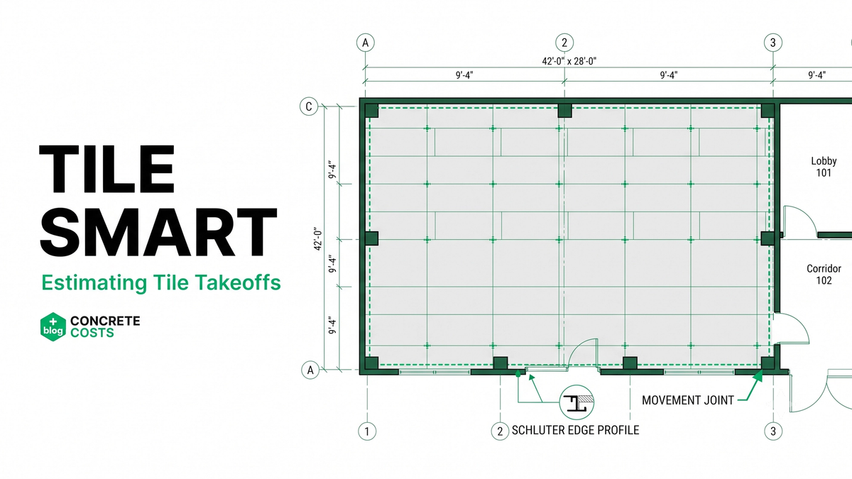 Ceramic and porcelain tile estimating takeoff showing large-format tile layout, movement joints, tile leveling clips, and thinset coverage callouts on a commercial floor plan