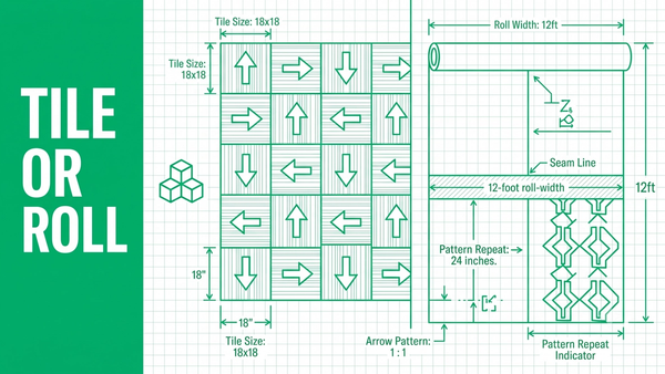 Carpet tile vs broadloom takeoff layout showing roll width, seam planning, and carton coverage callouts on a commercial floor plan
