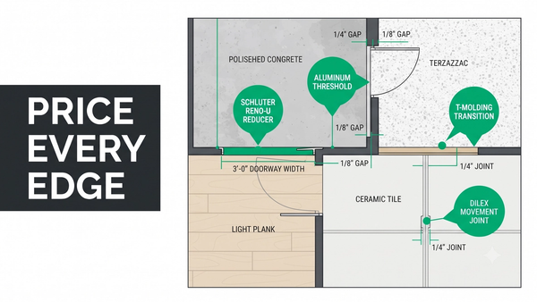 Commercial flooring transitions guide showing Schluter profiles, reducers, T-moldings, thresholds, and expansion joint callouts across doorways and material change lines