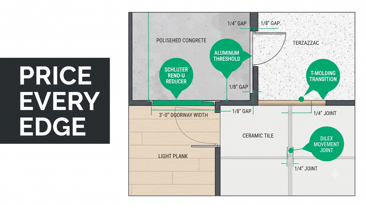 Commercial flooring transitions guide showing Schluter profiles, reducers, T-moldings, thresholds, and expansion joint callouts across doorways and material change lines