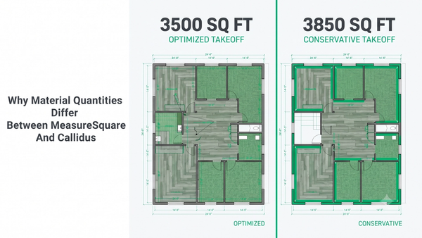 MeasureSquare vs Callidus material quantity comparison showing roll layout optimization next to a conservative waste-factor estimate on a commercial floor plan
