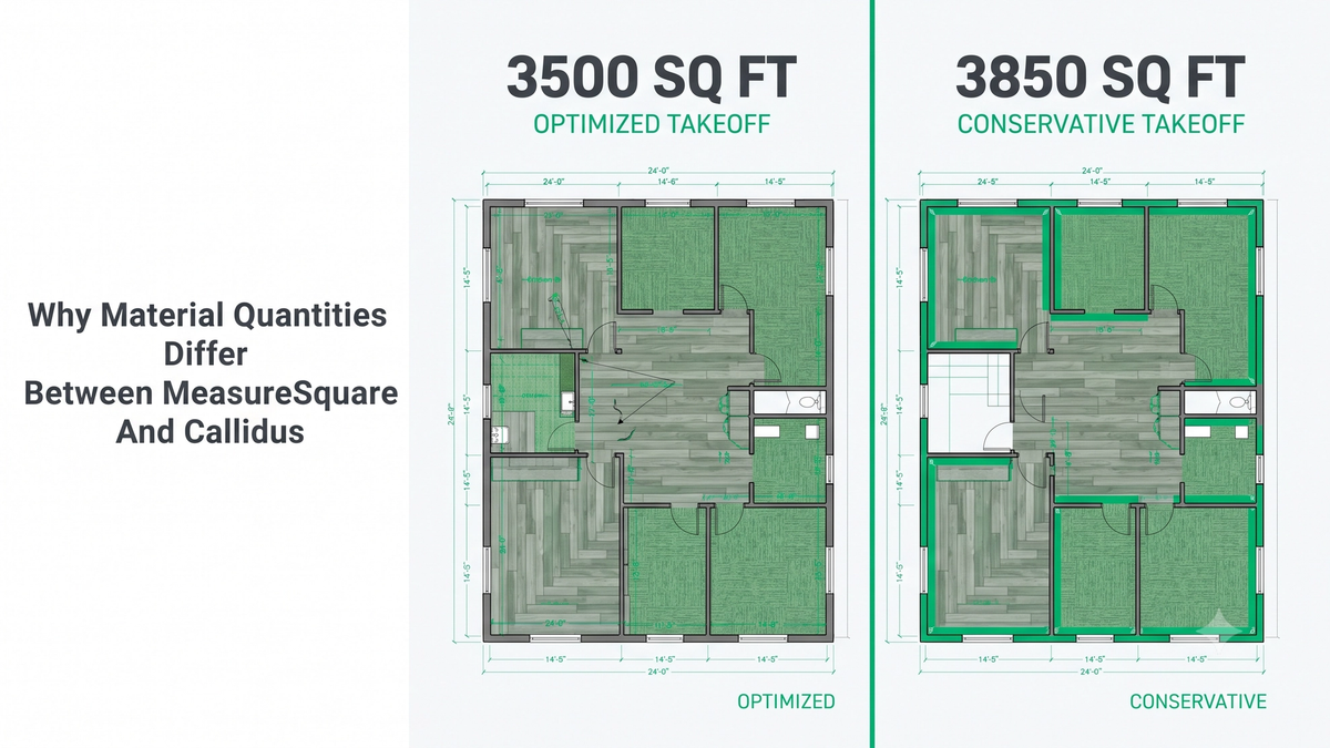 MeasureSquare vs Callidus material quantity comparison showing roll layout optimization next to a conservative waste-factor estimate on a commercial floor plan