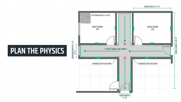 Carpet seam planning diagram showing 12 foot roll width layout with pile direction arrows, pattern repeat, and seam placement across corridor and adjoining hotel rooms