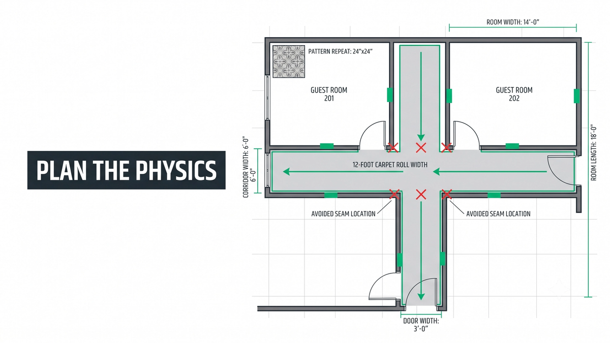 Carpet seam planning diagram showing 12 foot roll width layout with pile direction arrows, pattern repeat, and seam placement across corridor and adjoining hotel rooms