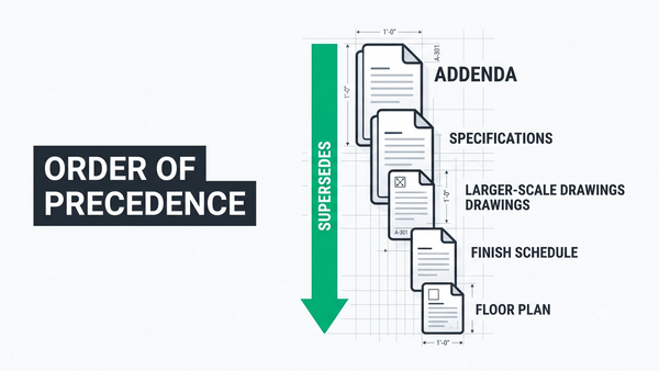 Construction drawings hierarchy diagram showing precedence order of specifications, addenda, floor plans, elevations, finish schedule, and details in a commercial contract document set