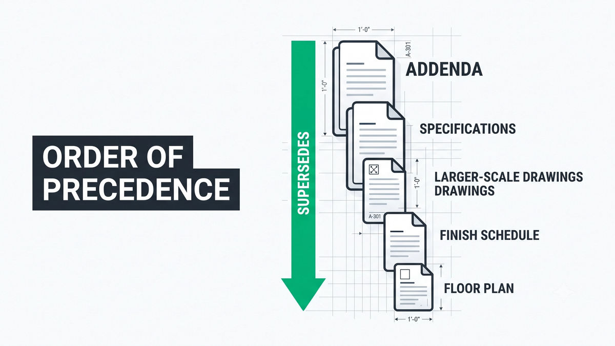 Construction drawings hierarchy diagram showing precedence order of specifications, addenda, floor plans, elevations, finish schedule, and details in a commercial contract document set