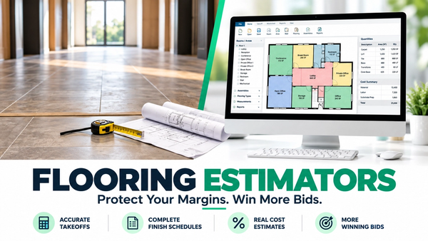 Flooring estimators reviewing a MeasureSquare takeoff and marked commercial plans
