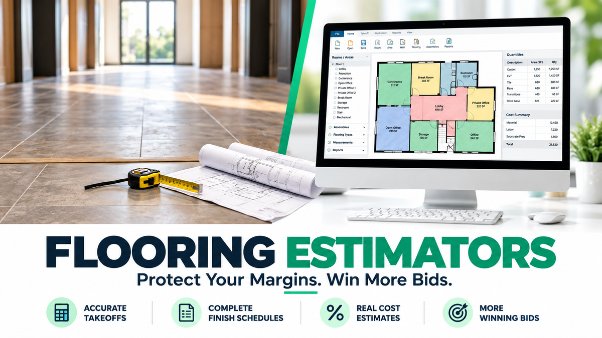 Flooring estimators reviewing a MeasureSquare takeoff and marked commercial plans