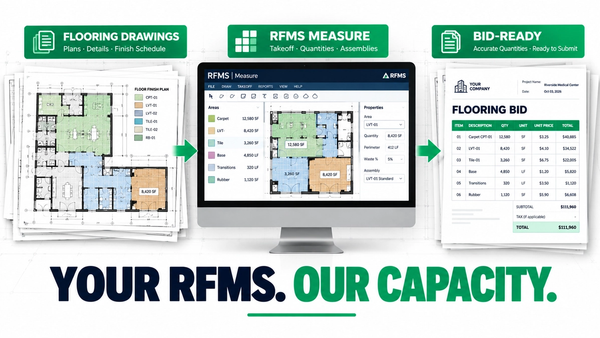 Remote RFMS Measure estimator producing an outsourced RFMS flooring takeoff inside a contractor's existing RFMS workflow