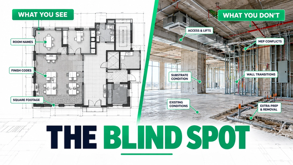 Commercial flooring estimator cross-checking a floor plan against the specifications and responsibility matrix to catch hidden scope in a flooring takeoff