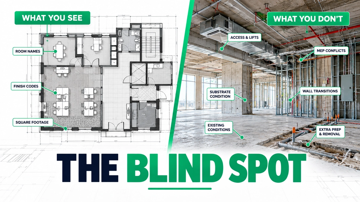 Commercial flooring estimator cross-checking a floor plan against the specifications and responsibility matrix to catch hidden scope in a flooring takeoff