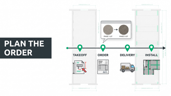 Flooring procurement planning workflow diagram showing takeoff quantities, dye lot coordination, lead times, phased delivery, and material handling logistics across a commercial project