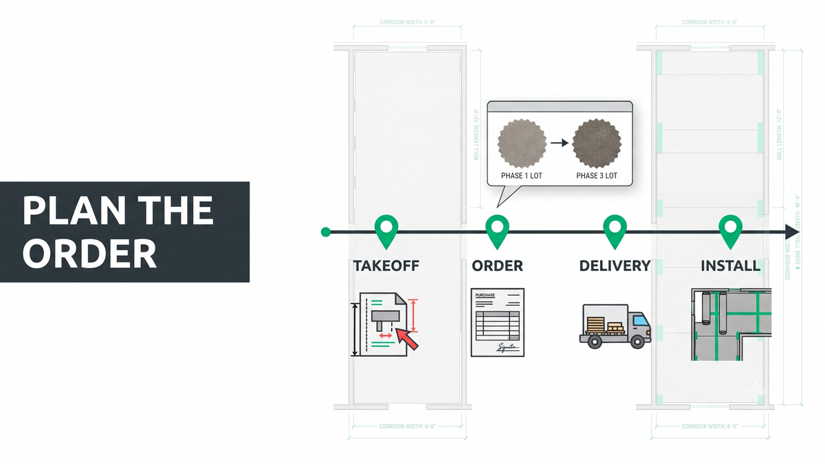 Flooring procurement planning workflow diagram showing takeoff quantities, dye lot coordination, lead times, phased delivery, and material handling logistics across a commercial project