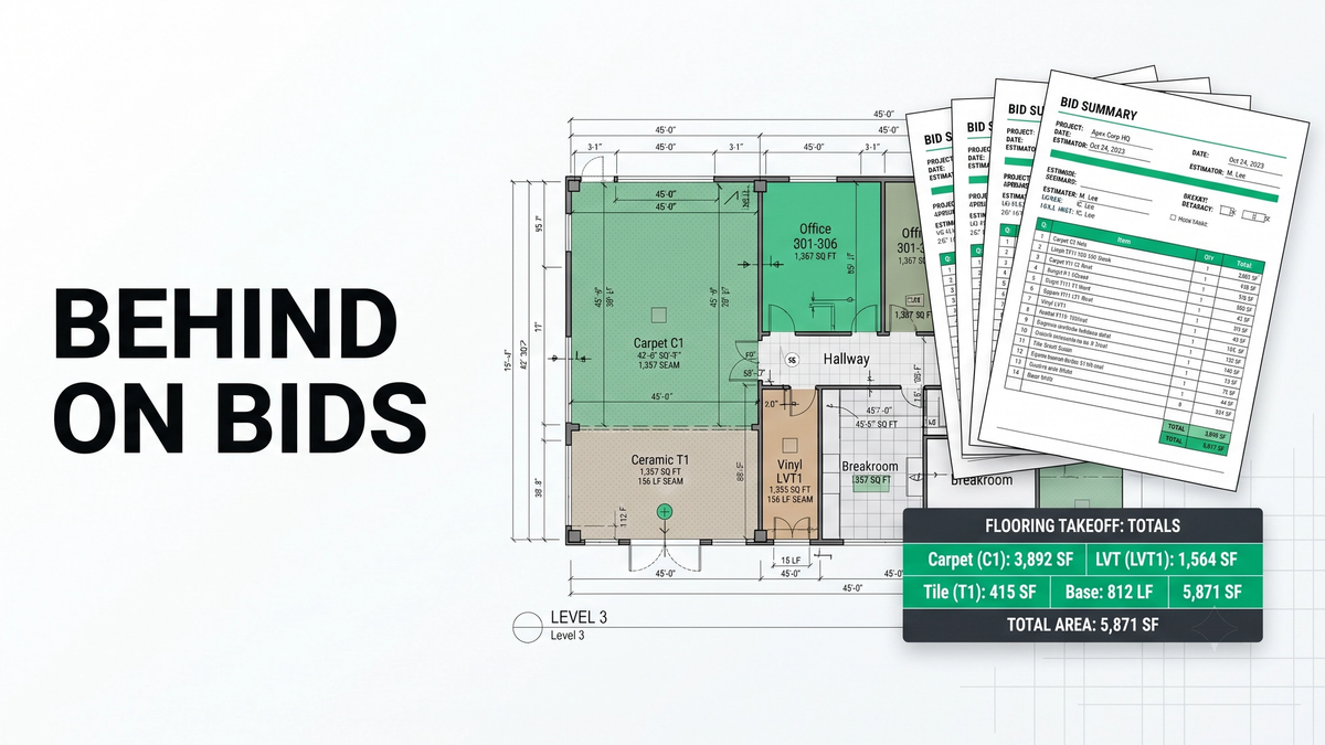Commercial flooring takeoff plan with measurement markups showing how a flooring contractor behind on bids adds estimating capacity