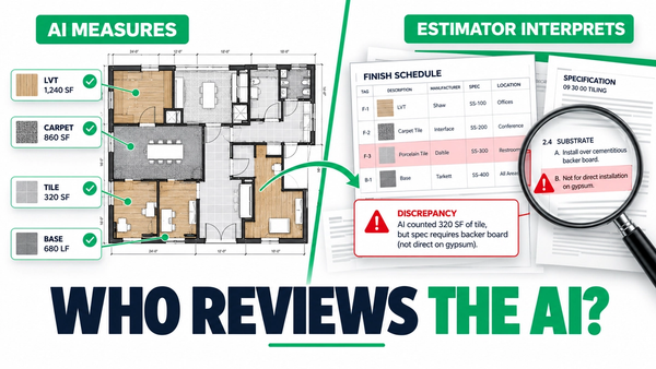 Commercial flooring estimator reviewing an AI-generated flooring takeoff before it becomes a bid, flagging assumptions and missed scope