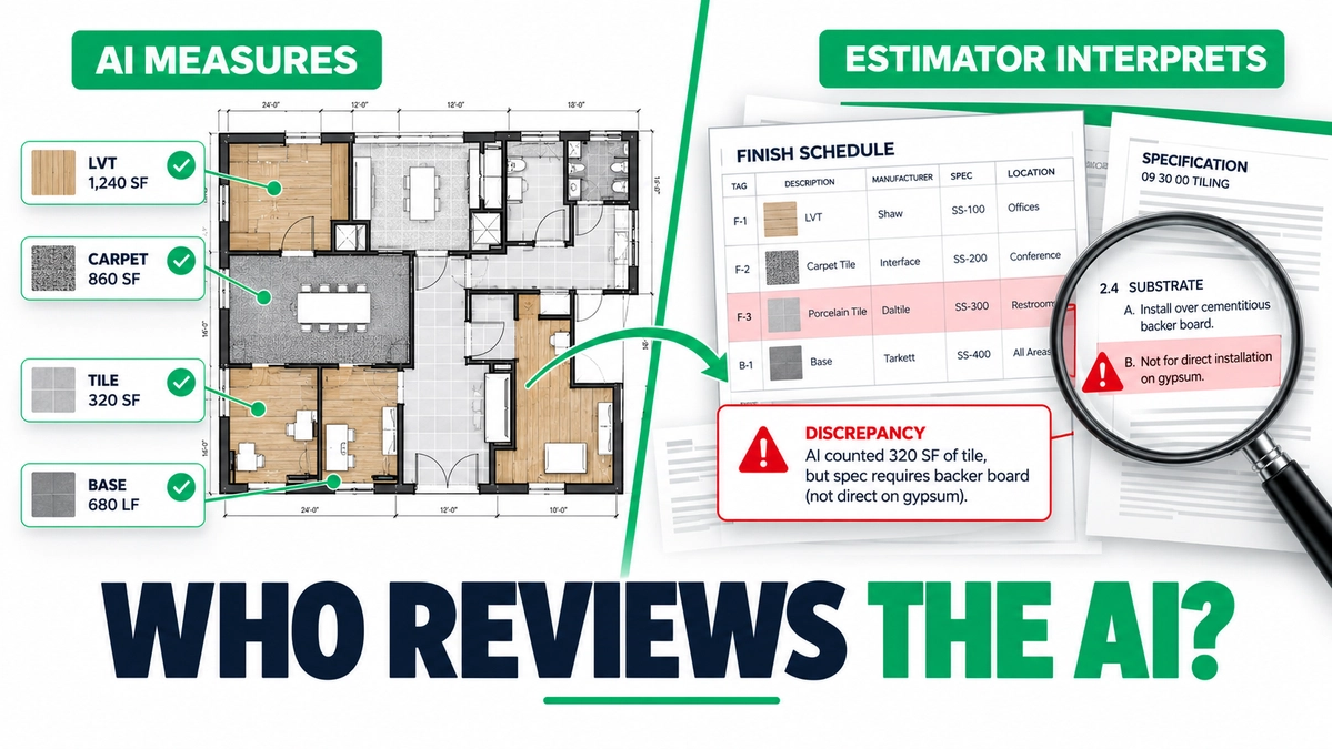 Commercial flooring estimator reviewing an AI-generated flooring takeoff before it becomes a bid, flagging assumptions and missed scope