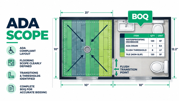 ADA flooring takeoff plan showing roll-in shower slope, waterproofing membrane, and flush transition callouts on a multifamily unit