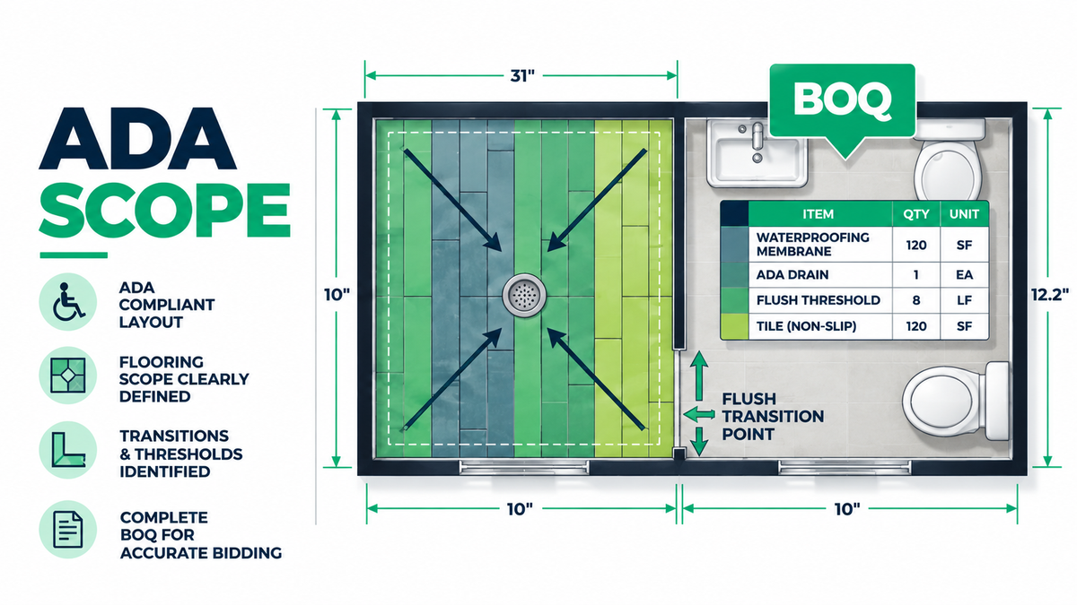 ADA flooring takeoff plan showing roll-in shower slope, waterproofing membrane, and flush transition callouts on a multifamily unit