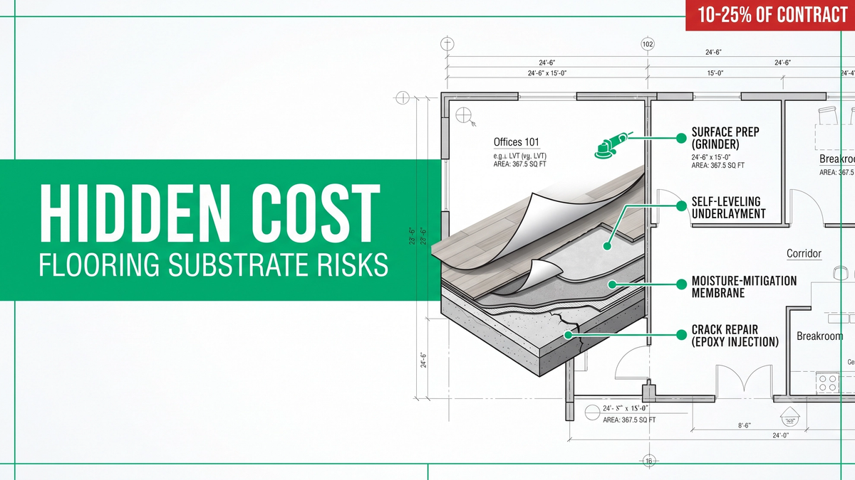 Hidden floor preparation costs breakdown showing grinding, adhesive removal, self-leveling underlayment, moisture mitigation, and crack repair callouts on a post-demolition slab exposure