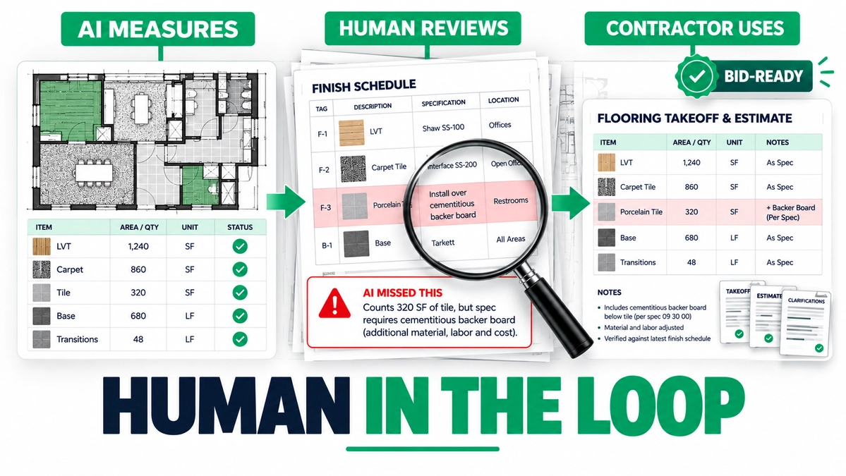 Human construction estimator peer-reviewing an AI-generated drawing evaluation to flag missed scope on a commercial flooring and finishes takeoff