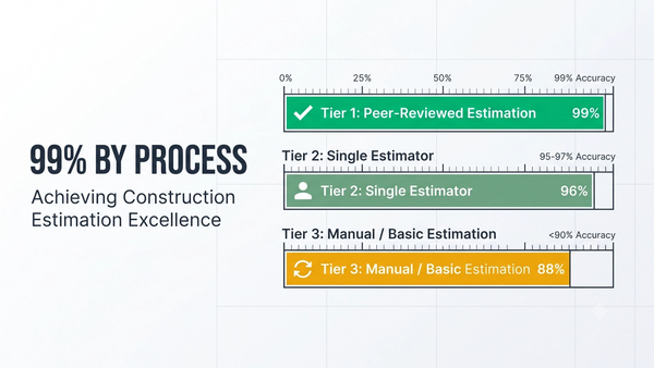 Outsourced estimating accuracy comparison showing peer-reviewed takeoff quality control workflow against single-estimator versus rotating-estimator processes