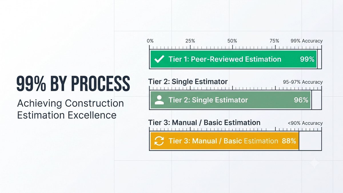 Outsourced estimating accuracy comparison showing peer-reviewed takeoff quality control workflow against single-estimator versus rotating-estimator processes