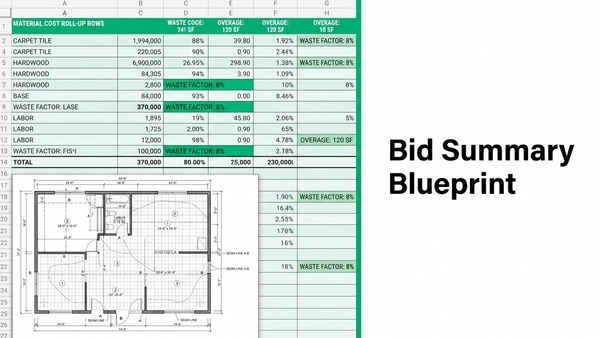 Commercial flooring bid summary template dashboard with material cost roll-up, waste factors, and marked-up floor plan