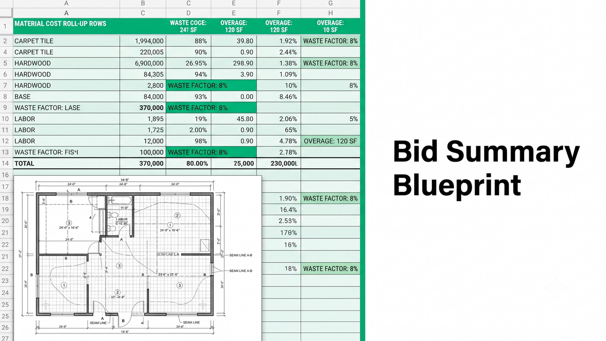Commercial flooring bid summary template dashboard with material cost roll-up, waste factors, and marked-up floor plan