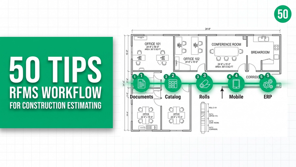 RFMS tips and tricks workflow diagram showing product catalog, room-based estimating, roll allocation, Measure Mobile, and ERP integration checkpoints on a commercial flooring takeoff