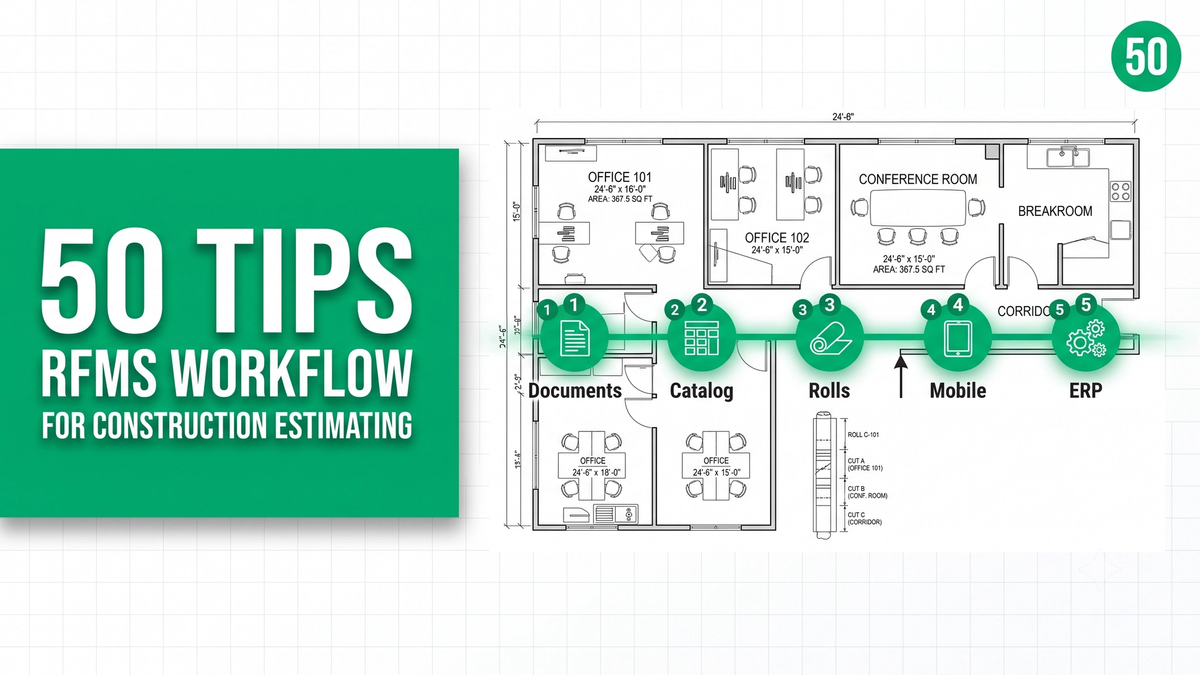 RFMS tips and tricks workflow diagram showing product catalog, room-based estimating, roll allocation, Measure Mobile, and ERP integration checkpoints on a commercial flooring takeoff