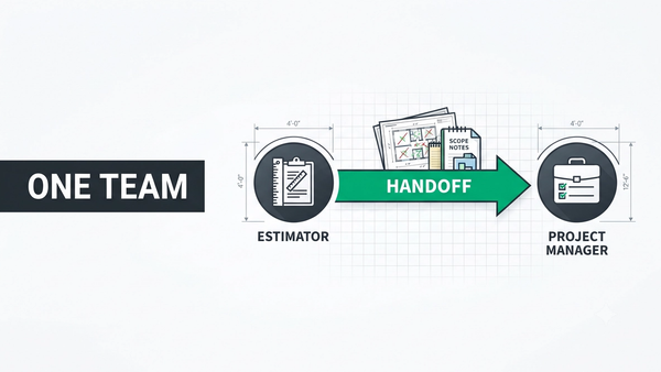 Flooring estimator vs project manager collaboration diagram showing takeoff handoff, marked-up plans, scope notes, and project management workflow on a commercial project