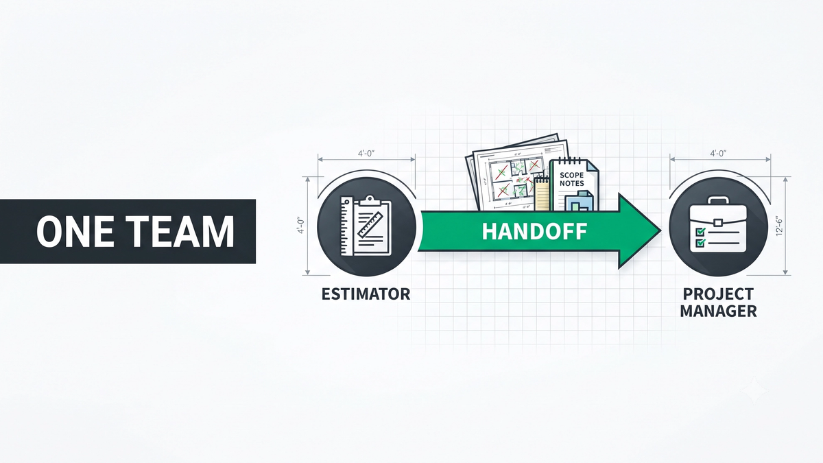 Flooring estimator vs project manager collaboration diagram showing takeoff handoff, marked-up plans, scope notes, and project management workflow on a commercial project