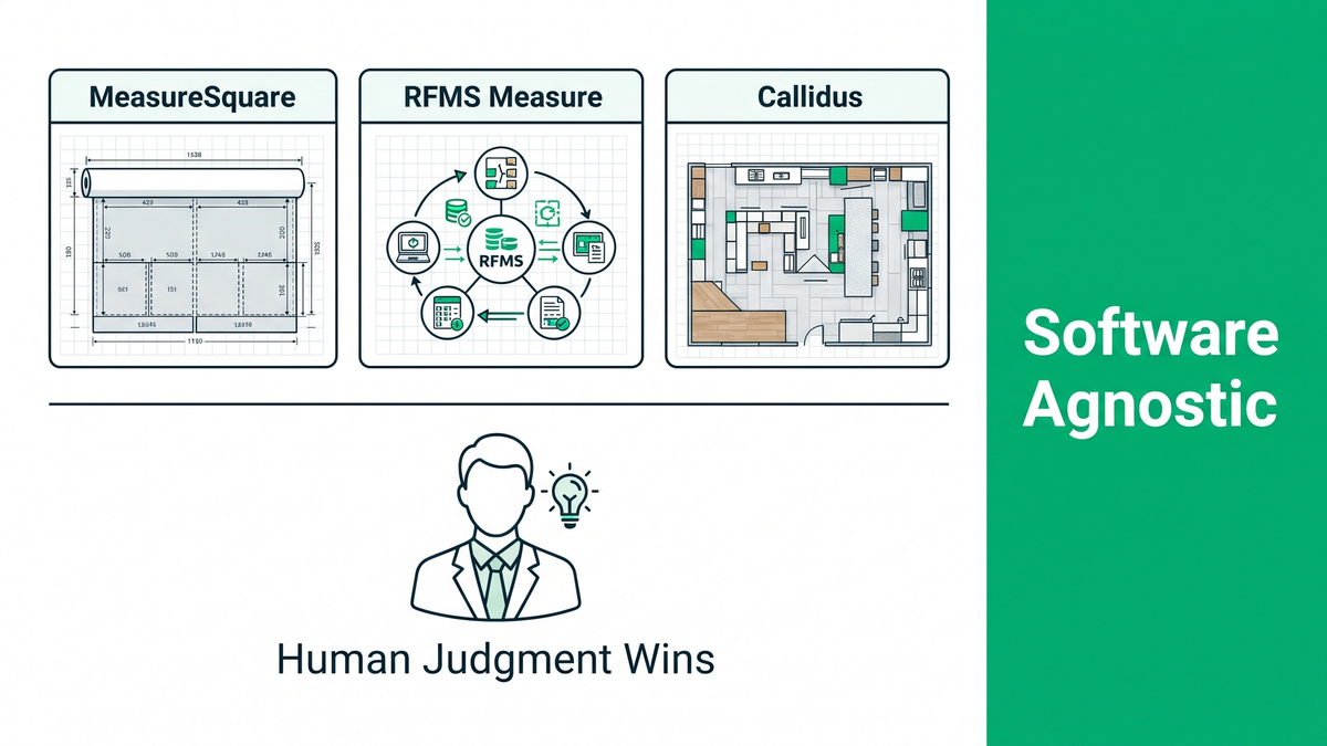 MeasureSquare vs RFMS vs Callidus flooring takeoff software comparison with roll layout, seam plan, and reporting