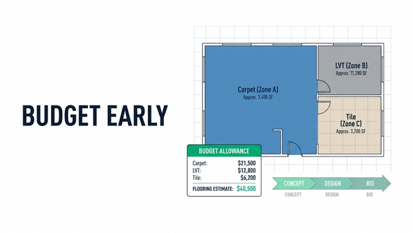 Schematic floor plan with preliminary finish zones for a schematic design flooring estimate during preconstruction budgeting