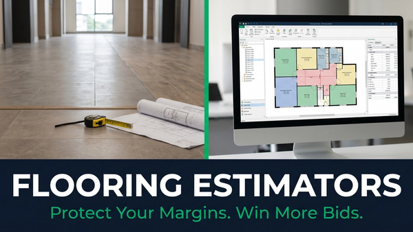 Flooring estimators reviewing a MeasureSquare takeoff and marked commercial plans