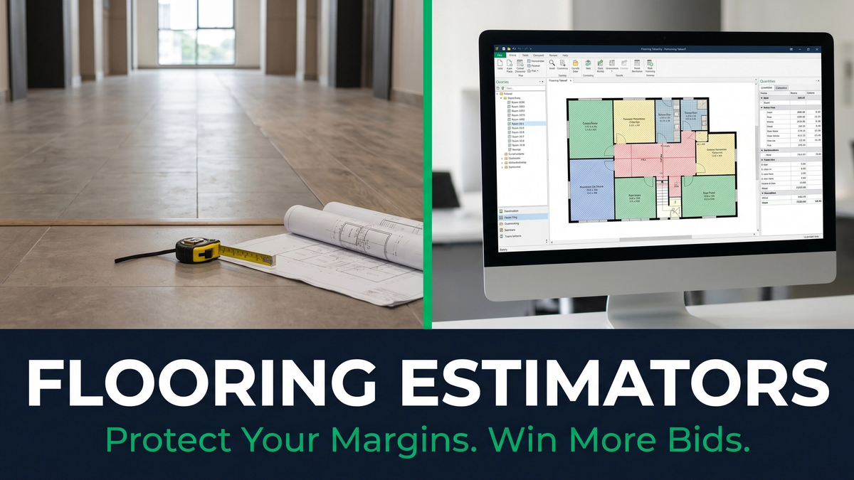 Flooring estimators reviewing a MeasureSquare takeoff and marked commercial plans