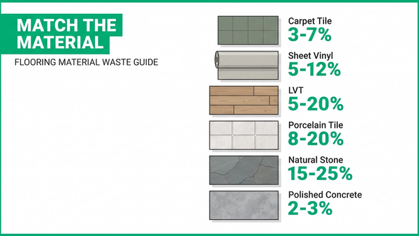 Commercial flooring waste percentages reference with material-by-material waste ranges and cut and fit versus half reuse method callouts on a takeoff plan