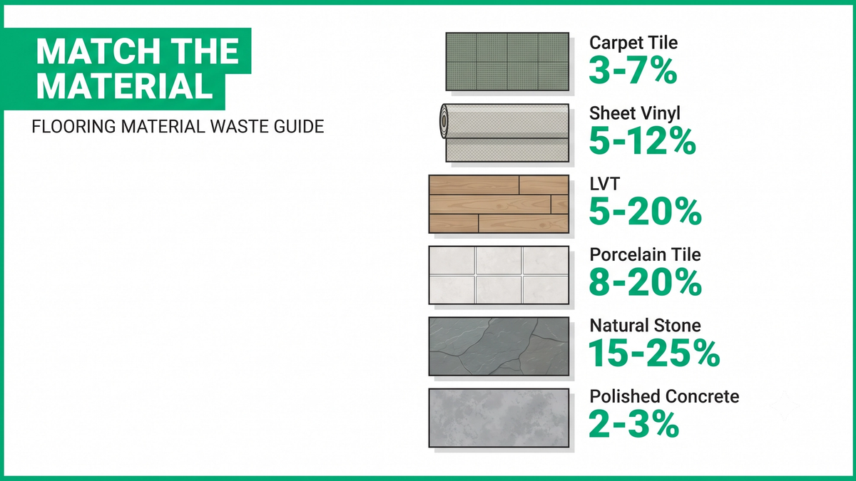 Commercial flooring waste percentages reference with material-by-material waste ranges and cut and fit versus half reuse method callouts on a takeoff plan