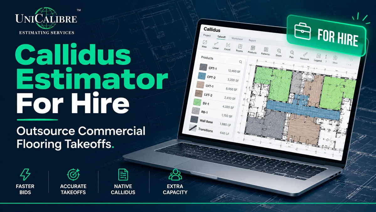 Commercial flooring estimator reviewing a peer-reviewed Callidus takeoff on a laptop beside institutional-scale architectural plans.