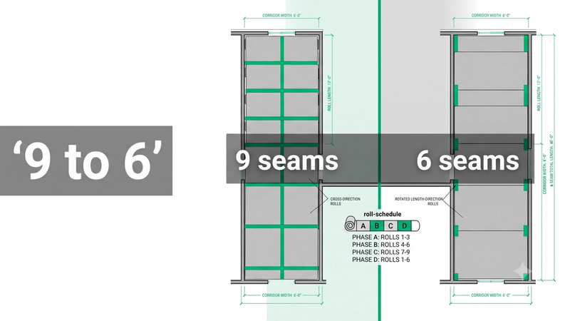 Multifamily carpet estimating services case study: rotated broadloom roll direction cutting corridor seams from 9 to 6 with reduced waste