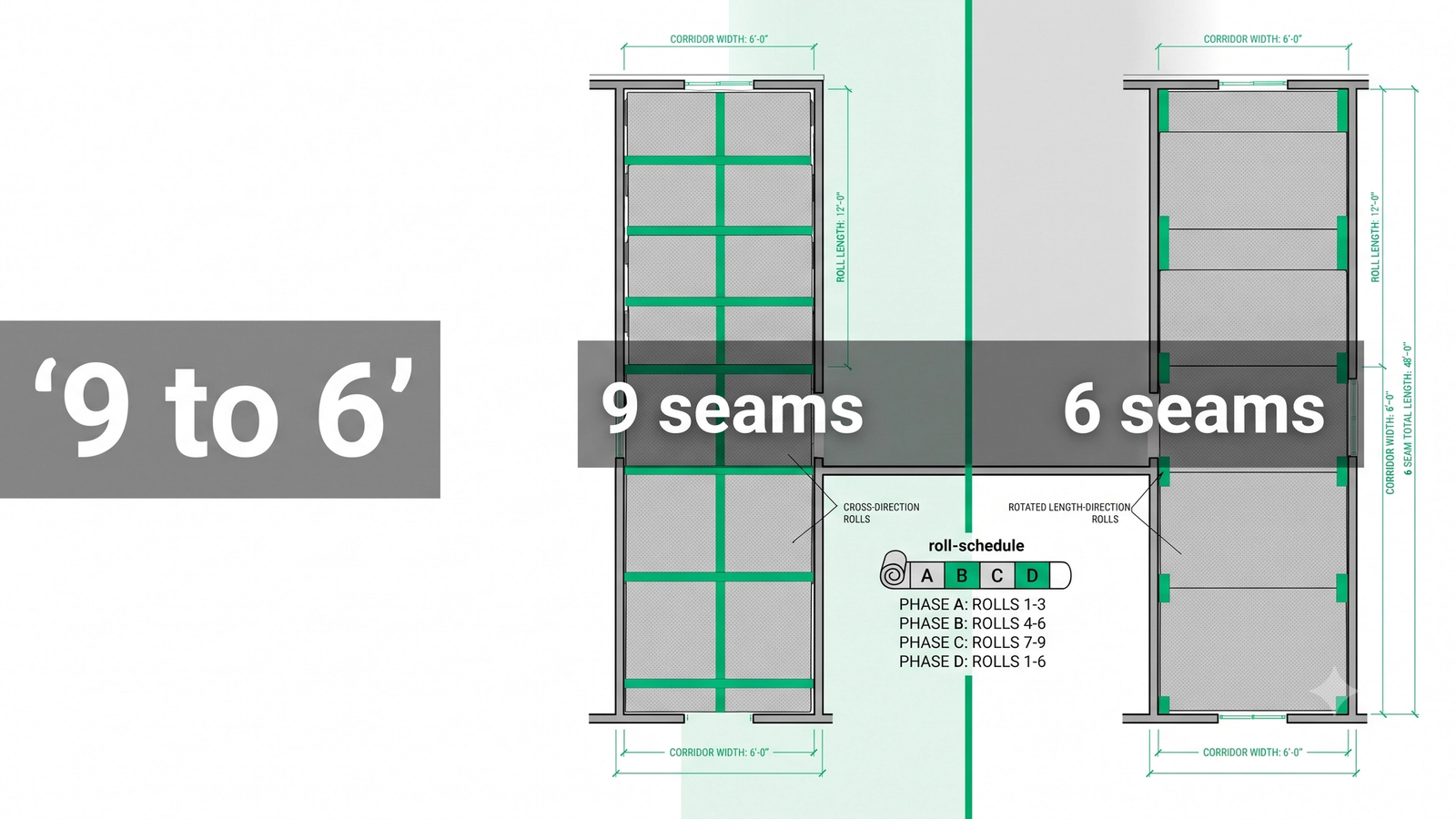 Multifamily carpet estimating services case study: rotated broadloom roll direction cutting corridor seams from 9 to 6 with reduced waste