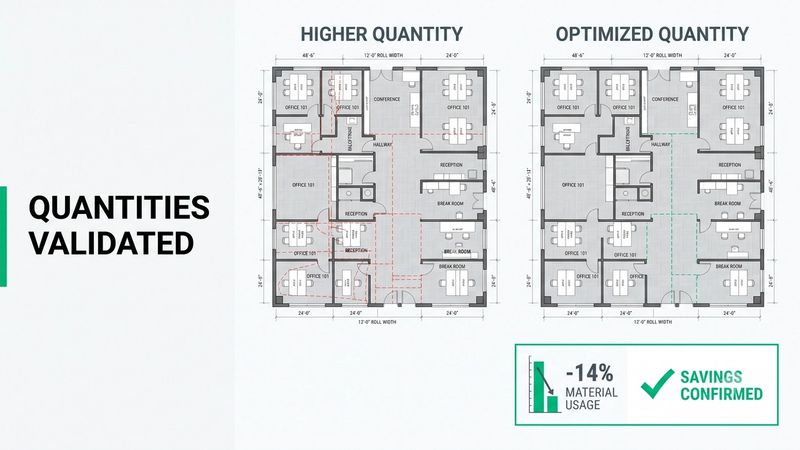 MeasureSquare estimating flooring case study: Callidus to MeasureSquare quantity comparison on a commercial floor plan