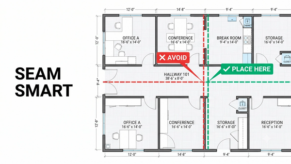 Flooring seam placement diagram showing high-traffic zones to avoid and hidden seam locations along walls, under cabinets, and behind doors on a commercial floor plan