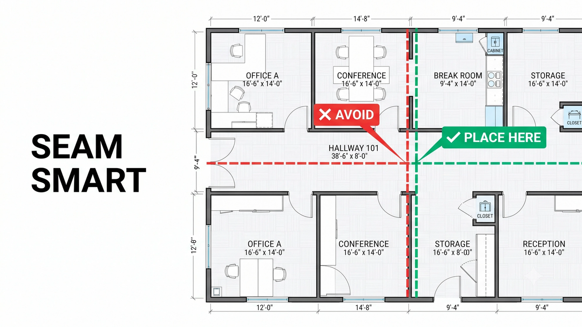 Flooring seam placement diagram showing high-traffic zones to avoid and hidden seam locations along walls, under cabinets, and behind doors on a commercial floor plan