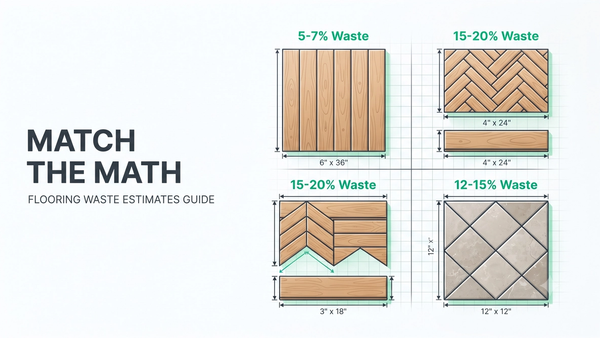 Flooring installation patterns diagram comparing straight lay, herringbone, chevron, and diagonal layouts with waste percentages on a commercial floor plan