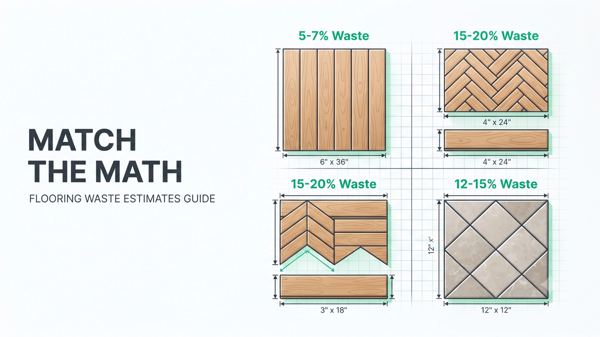 Flooring installation patterns diagram comparing straight lay, herringbone, chevron, and diagonal layouts with waste percentages on a commercial floor plan