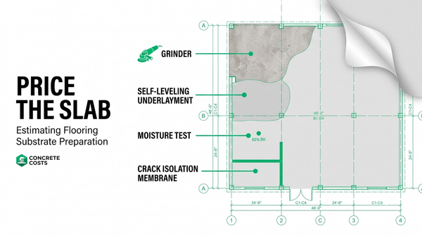 Commercial floor preparation takeoff showing grinding, self-leveling underlayment, moisture mitigation, and crack isolation callouts on a substrate plan