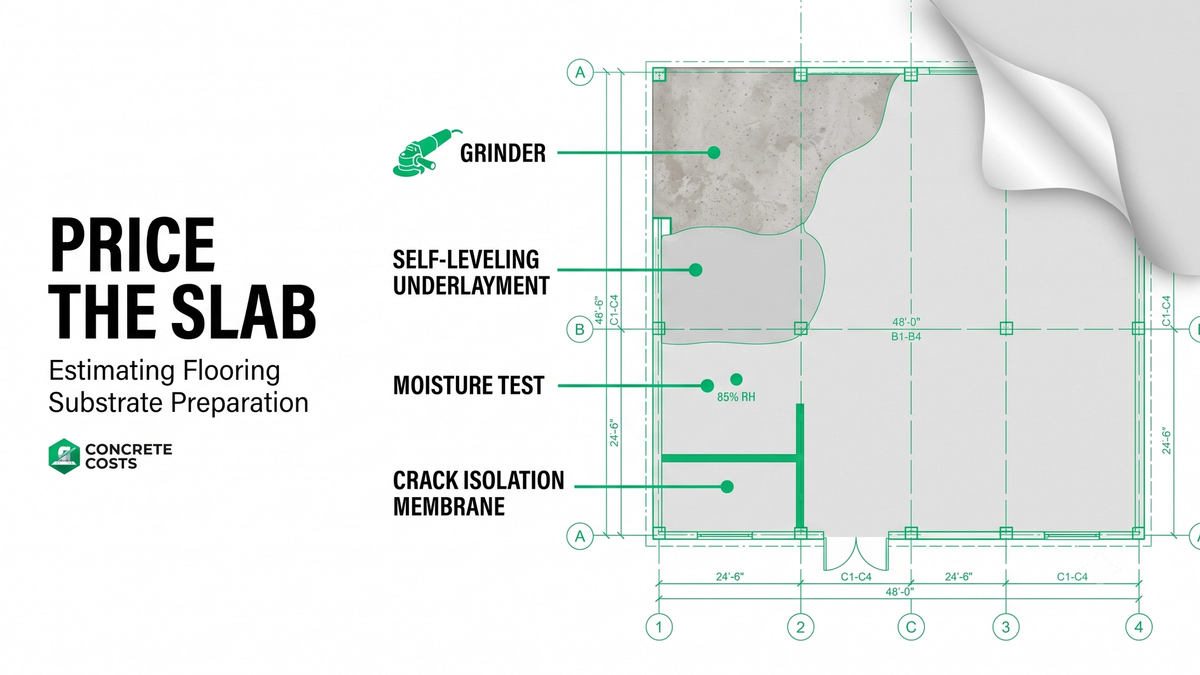 Commercial floor preparation takeoff showing grinding, self-leveling underlayment, moisture mitigation, and crack isolation callouts on a substrate plan