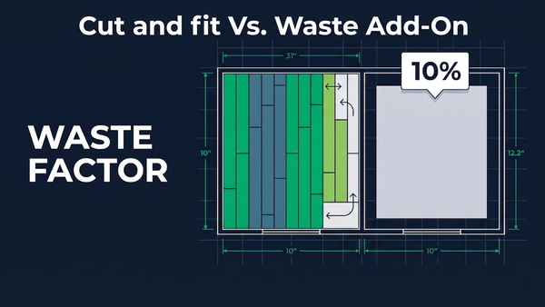 Flooring waste factor comparison showing MeasureSquare cut and fit nesting layout next to a flat percentage waste add-on estimate