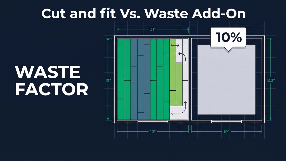 Flooring waste factor comparison showing MeasureSquare cut and fit nesting layout next to a flat percentage waste add-on estimate